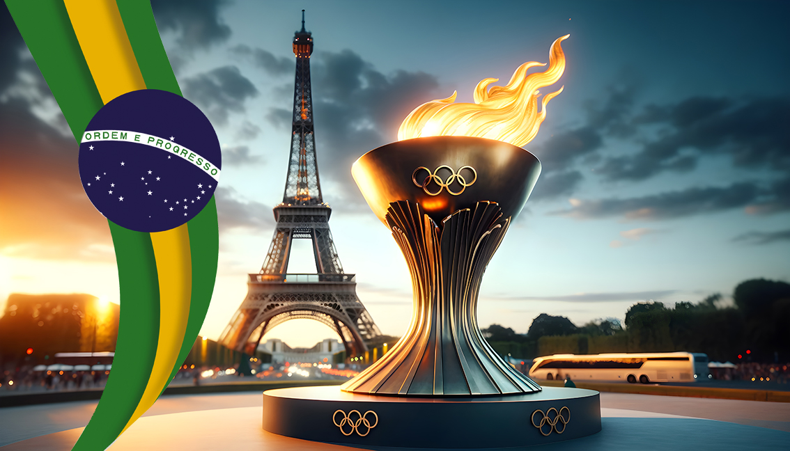 The Olympic cauldron flame ignites against the evening sky, with the Eiffel Tower standing proudly in the background for Paris 2024